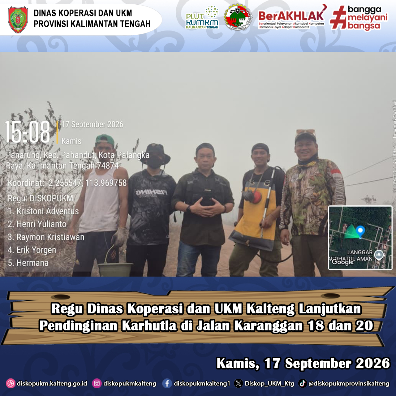 Regu Dinas Koperasi dan UKM Kalteng Lanjutkan Pendinginan Karhutla di Jalan Karanggan 18 dan 20