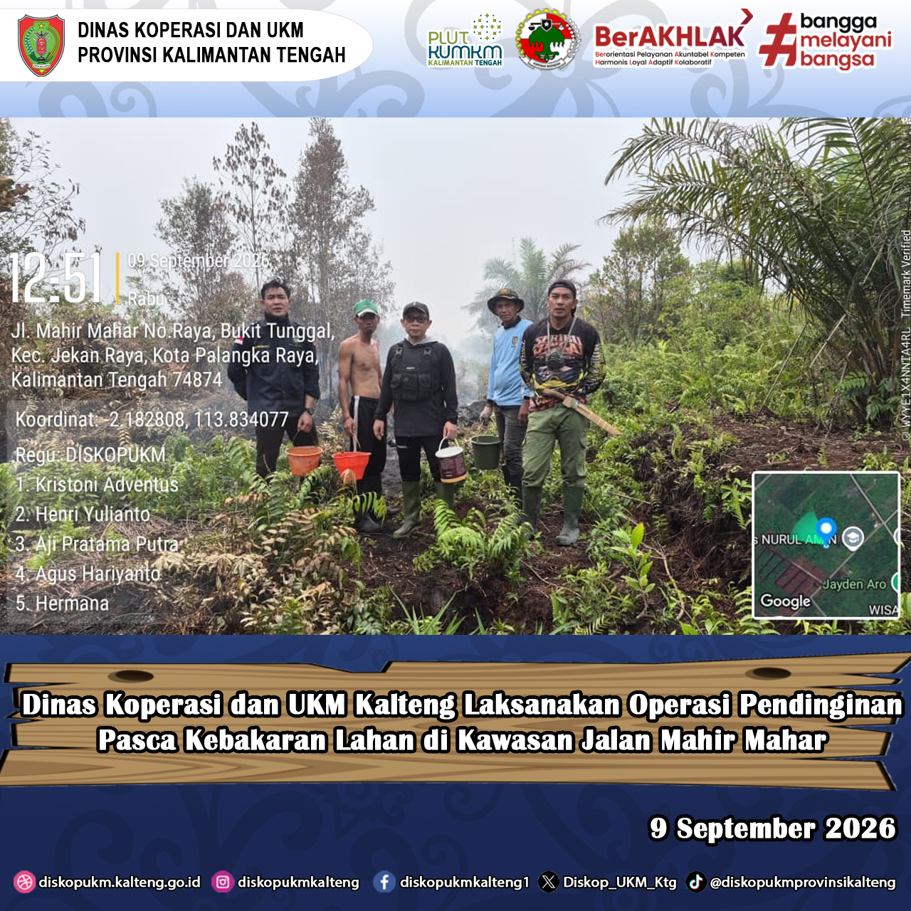 Dinas Koperasi dan UKM Kalteng Laksanakan Operasi Pendinginan Pasca Kebakaran Lahan di Jalan Mahir Mahar