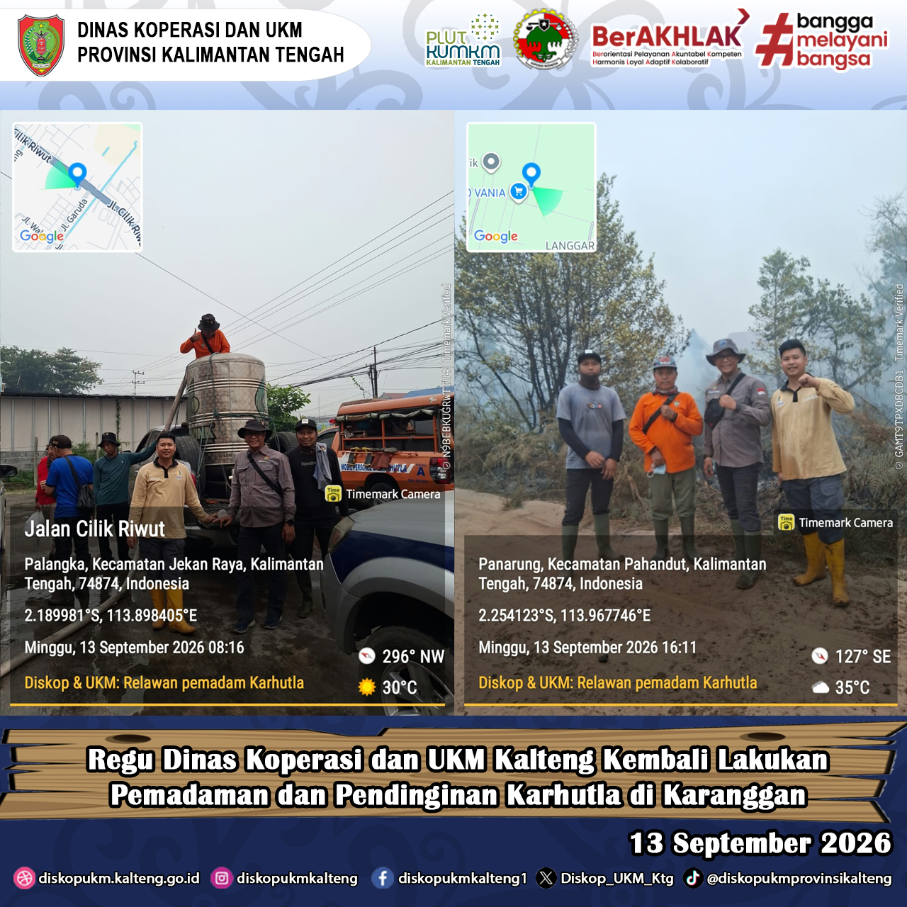 Regu Dinas Koperasi dan UKM Kalteng Kembali Lakukan Pemadaman dan Pendinginan Karhutla di Area Jl. Karanggan