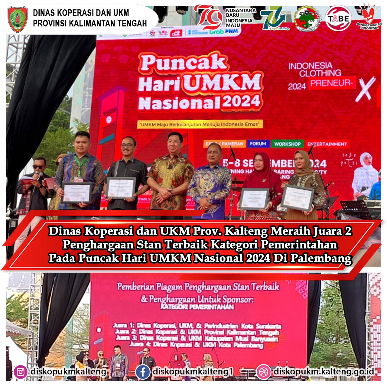 Dinas Koperasi dan UKM Prov Kalteng Meraih Juara 2 Penghargaan Stan Terbaik Pada Puncak Hari UMKM Nasional 2024